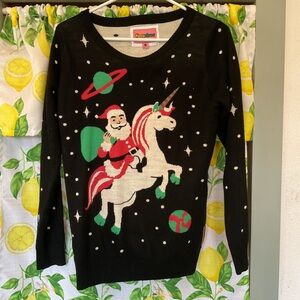 Tipsy Elves Black Sweater with Santa and Unicorn